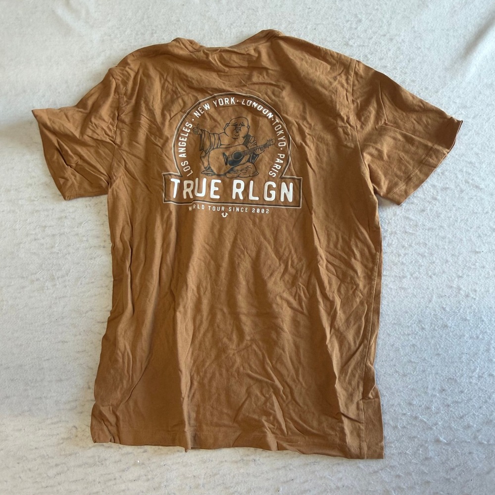 True Religion T-Shirt Mens Large Brown World Tour Buddha Graphic Short Sleeve